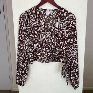 Joie Silky Faux Wrap Brown Cream Print Long Sleeve Tie Cropped Top Womens Small